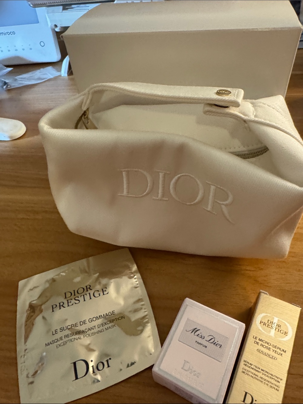 Dior Cream Embroidered Logo Makeup Pouch w/Snap Handle Bundle